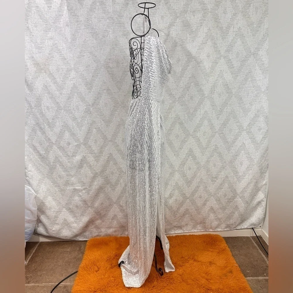 Lucy in the Sky Kaira cowl neck silver sequin maxi dress with leg slit size L